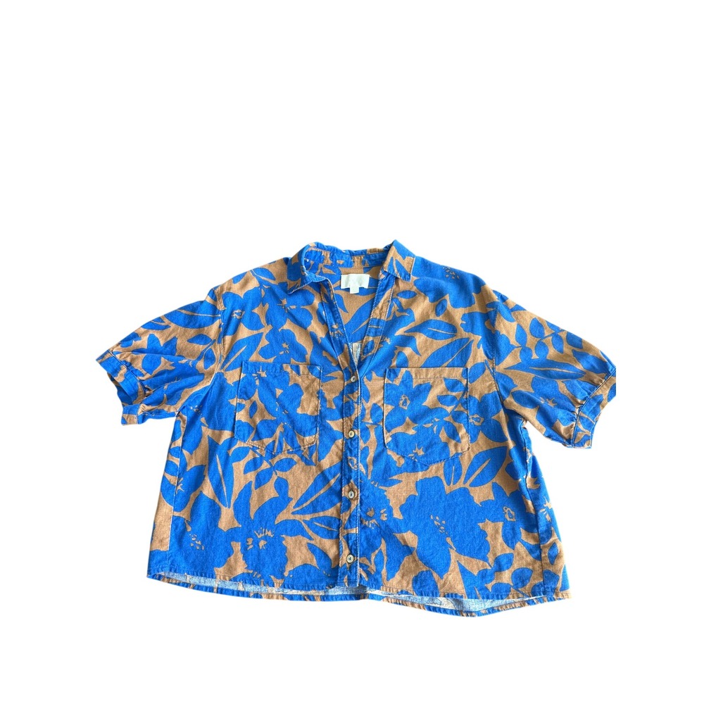 Every Linen Blend Tropical Print Button Up Short Sleeve Shirt Blue Brown Small - Picture 2 of 9